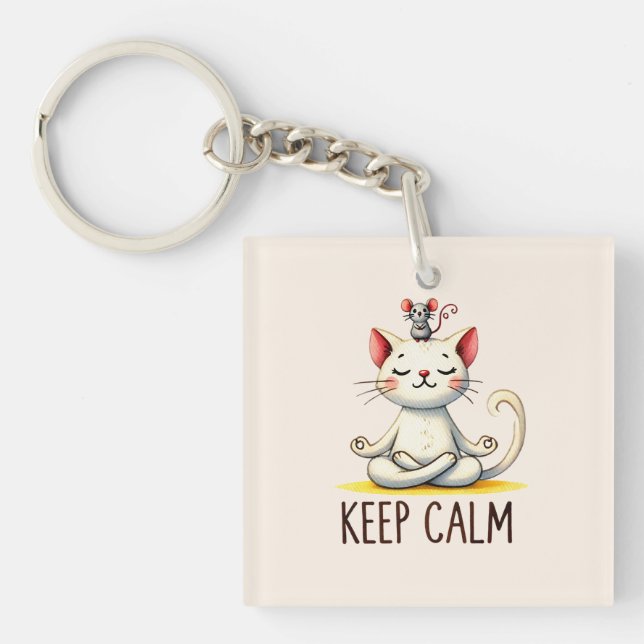 Cat Yoga Pose - Keep Calm Keychain (Front)