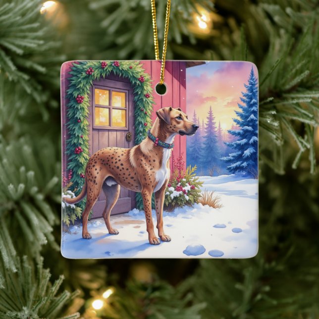 Catahoula Leopard Dog Rustic Barn Christmas Art Ceramic Ornament (Tree)