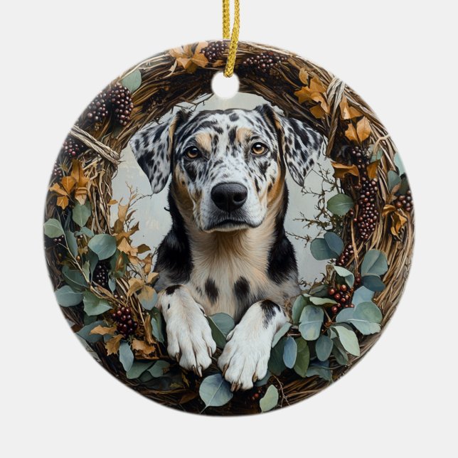Catahoula Leopard Dog Wreath Ceramic Ornament (Front)