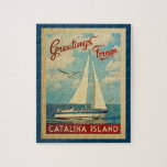 Catalina Island Sailboat Vintage Travel California Jigsaw Puzzle<br><div class="desc">This Greetings From Catalina Island California vintage travel nautical design features a boat sailing on the water with seagulls and a blue sky filled with gorgeous puffy white clouds.</div>