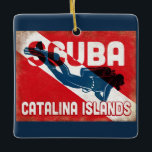 Catalina Islands Scuba Diver - Blue Retro Ceramic Ornament<br><div class="desc">Catalina Islands California scuba diving design. A vintage style retro red scuba flag background with navy blue scuba diver.</div>