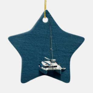 Catamaran moored offshore ceramic ornament
