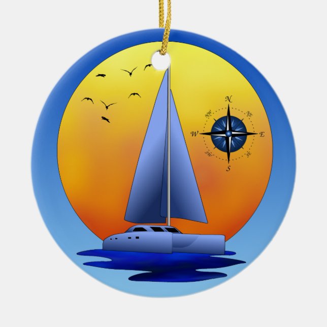 Catamaran Sailboat And Compass Rose Ceramic Ornament (Front)