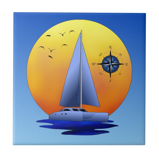 Catamaran Sailboat And Compass Rose Tile (Front)