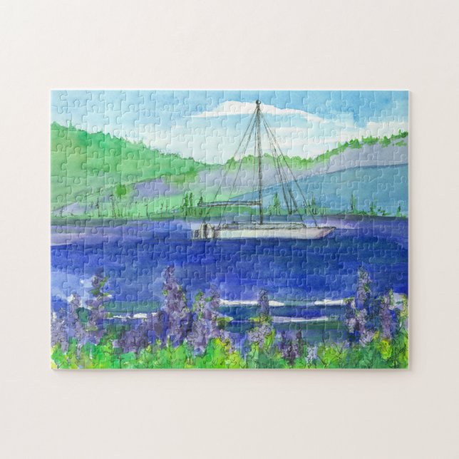 Catamaran Sailboat Purple Lupines Mountain Lake Jigsaw Puzzle (Horizontal)