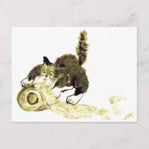 Catbotage - kitten and toilet paper, Sumi-e Postcard