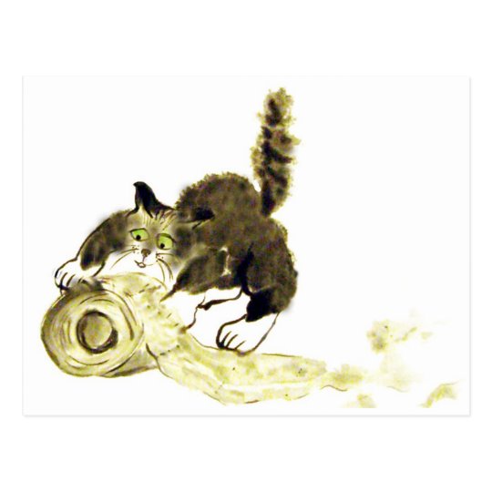 Catbotage - kitten and toilet paper, Sumi-e Postcard