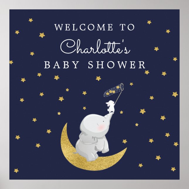 Catch A Star Bunny Elephant Baby Shower Welcome Poster (Front)