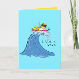 Catch a Wave Surfing Cat Carte de voeux amusante