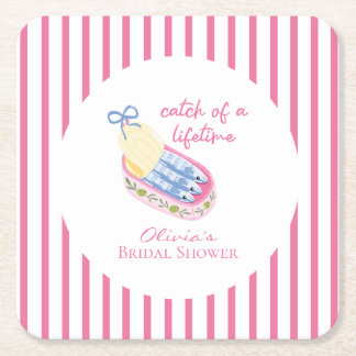 Catch of a lifetime sardines bridal shower pink square paper coaster