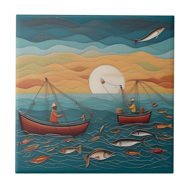 Catch Of The Day Fishing Folk Art, Tile (Front)