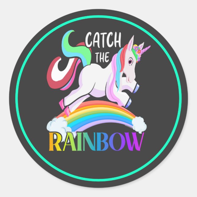 Catch the Rainbow Unicorn Design Classic Round Sticker (Front)