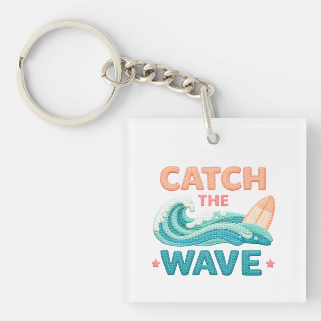 Catch the Wave Surfing Ocean Wave and Surfboard Keychain (Front)