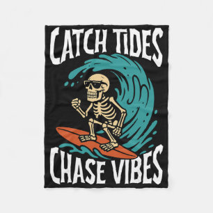 Catch Tides Chase Vibes Skeleton Surfer Beach Fleece Blanket