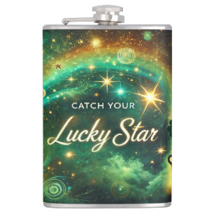 Catch Your Lucky Star Celestial Green Gold Hip Flask