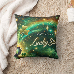 Catch Your Lucky Star Celestial Green Gold Throw Pillow