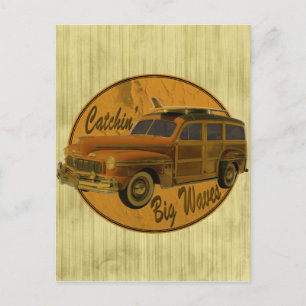catchin' big waves in the woodie tan postcard
