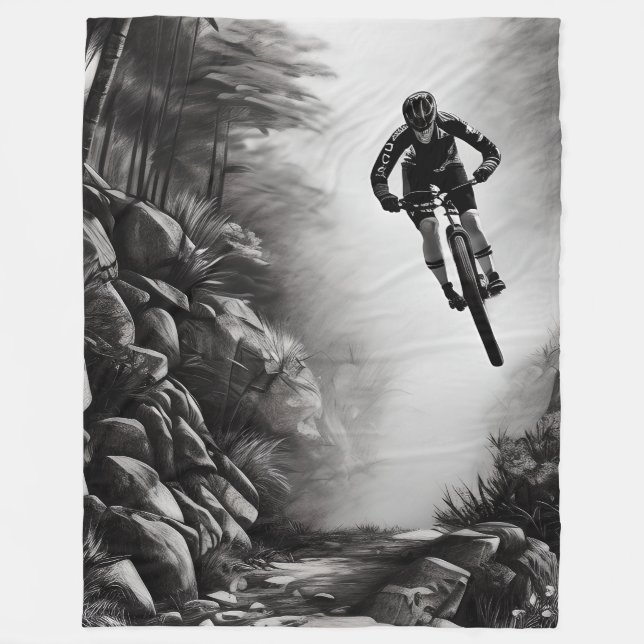Catching Air - Mountain Bike Digital Pencil Sketch Fleece Blanket (Front)