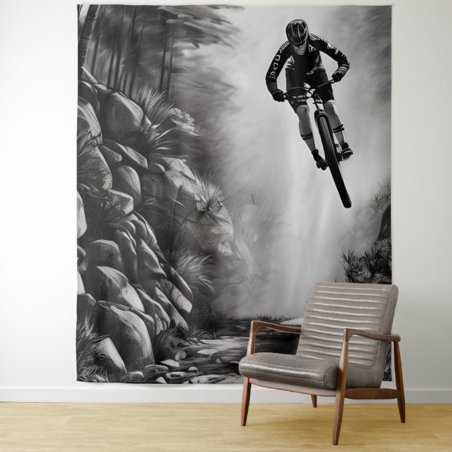 Catching Air - Mountain Bike Digital Pencil Sketch Tapestry (In Situ)