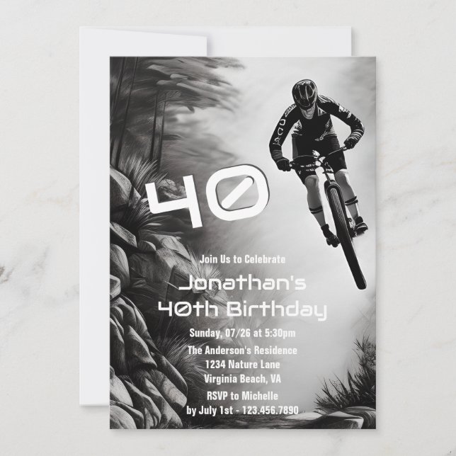 Catching Air - Mountain Bike Sketch 40th Birthday Invitation (Front)