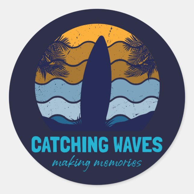 Catching Waves Retro Surfboard Beach Art Classic Round Sticker (Front)