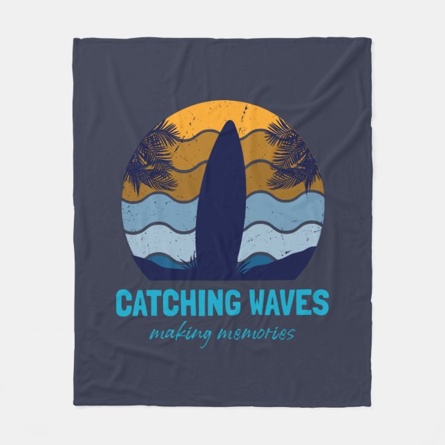 Catching Waves Retro Surfboard Beach Art Fleece Blanket (Front)