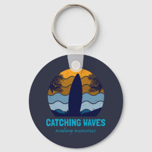 Catching Waves Retro Surfboard Beach Art Keychain