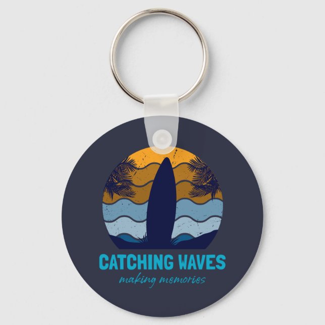 Catching Waves Retro Surfboard Beach Art Keychain (Front)