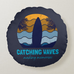 Catching Waves Retro Surfboard Beach Art Round Pillow
