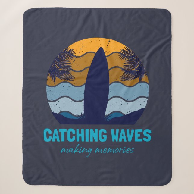 Catching Waves Retro Surfboard Beach Art Sherpa Blanket (Front)