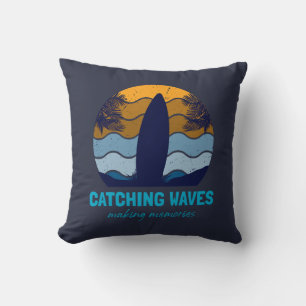 Catching Waves Retro Surfboard Beach Art Throw Pillow