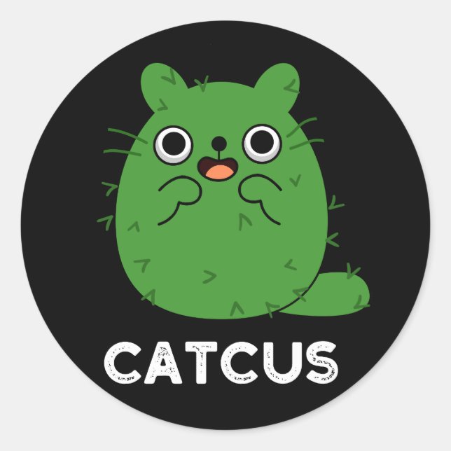 Catcus Funny Cat Cactus Pun Dark BG Classic Round Sticker (Front)