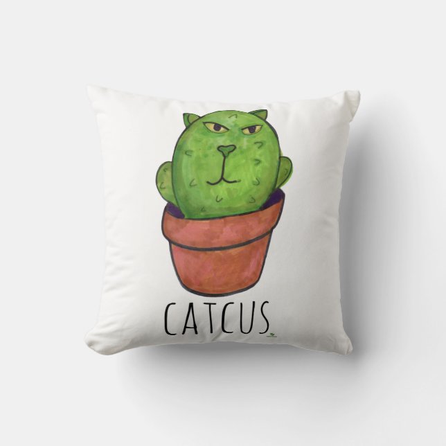Catcus Pet Cactus Fun Cartoon Cat Mashup  Throw Pillow (Front)