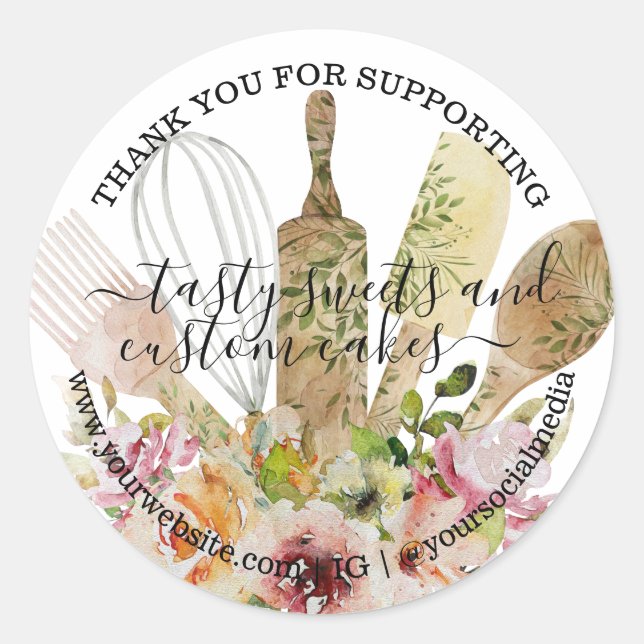 Catering Bakery Kitchen Rustic Eucalyptus Floral Classic Round Sticker (Front)
