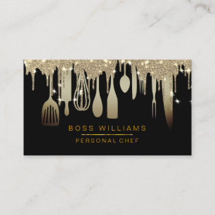 Catering Personal Chef Gold Drips Kitchen Utensils Business Card