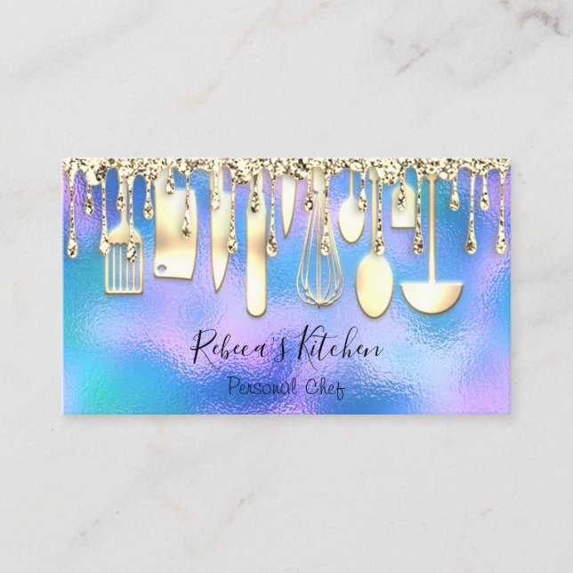 Catering Personal Chef Kitchen Knifes Golden Blue Business Card (Front)