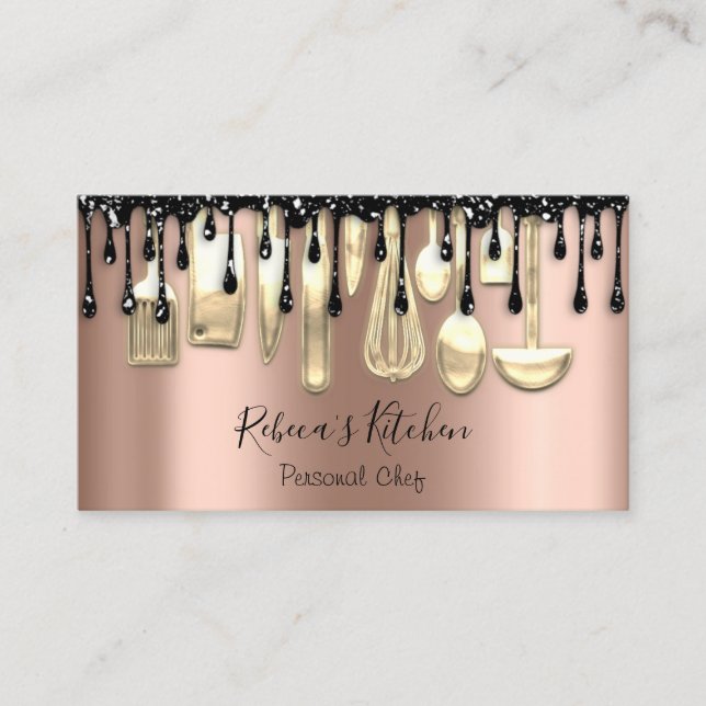 Catering Personal Chef Restaurant Drip Gold Rose Business Card (Front)
