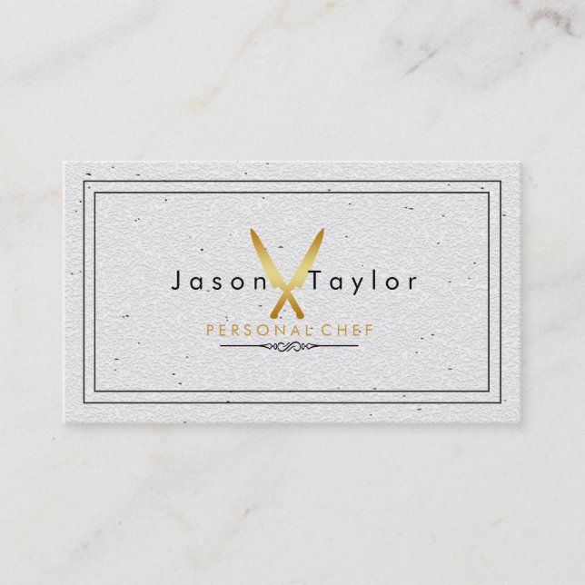 Catering Retro Stone White Chef Gold Knife Crossed Business Card (Front)