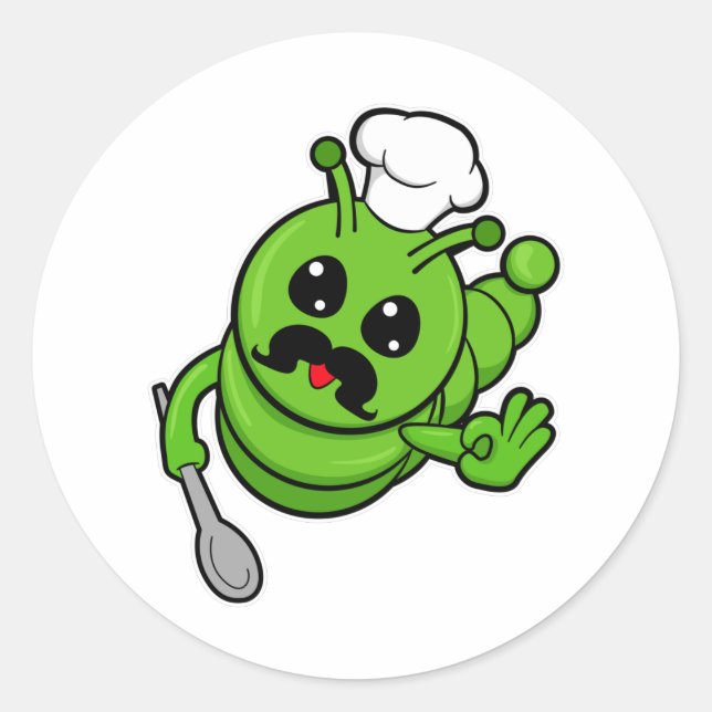 Caterpillar as Cook with Spoon Classic Round Sticker (Front)