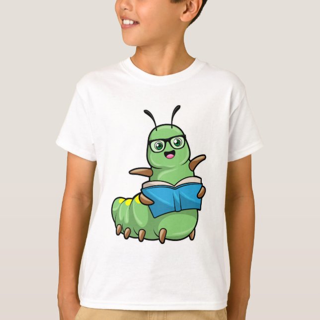 Caterpillar as Nerd with Book & Glasses T-Shirt (Front)