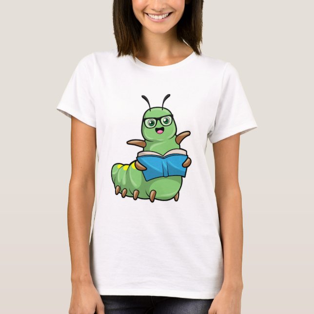 Caterpillar as Nerd with Book & Glasses T-Shirt (Front)