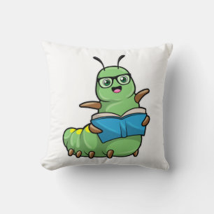 Caterpillar as Nerd with Book & Glasses Throw Pillow