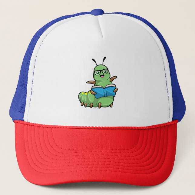 Caterpillar as Nerd with Book & Glasses Trucker Hat (Front)