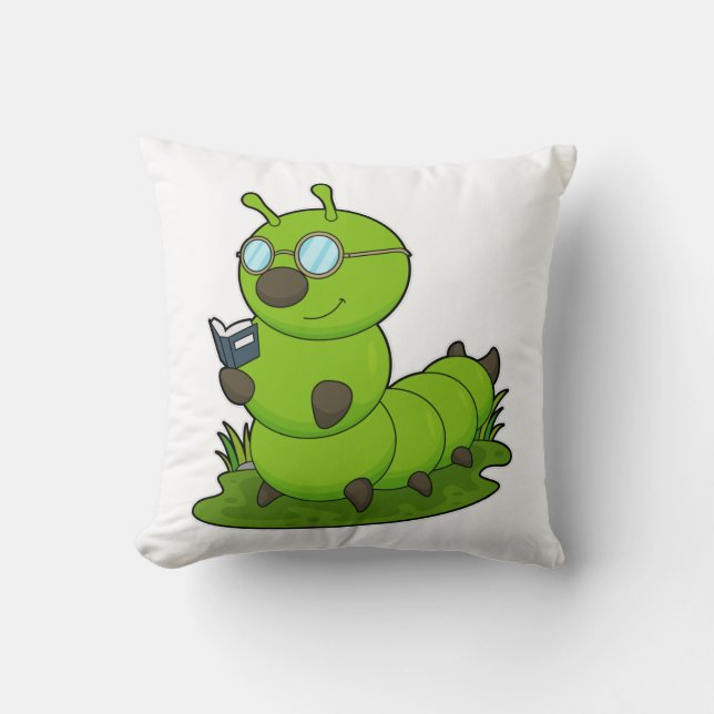 Caterpillar as Nerd with Glasses & Book Throw Pillow (Front)