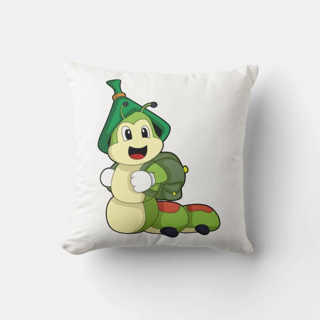 Caterpillar as Student with Backpack Throw Pillow (Front)