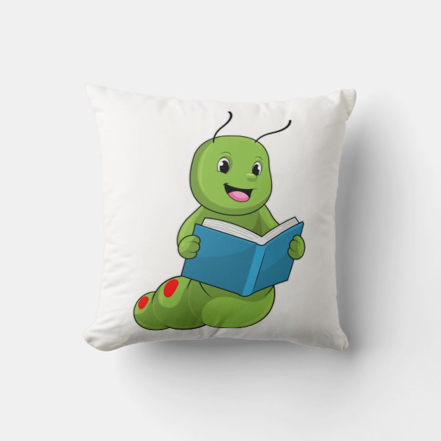 Caterpillar at Reading with Book Throw Pillow (Front)