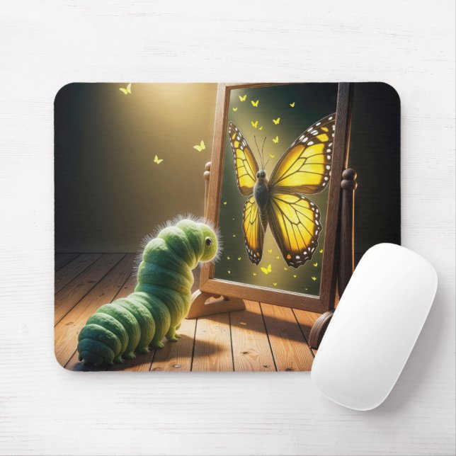 Caterpillar Looking At a Butterfly In a Mirror Mouse Pad (With Mouse)