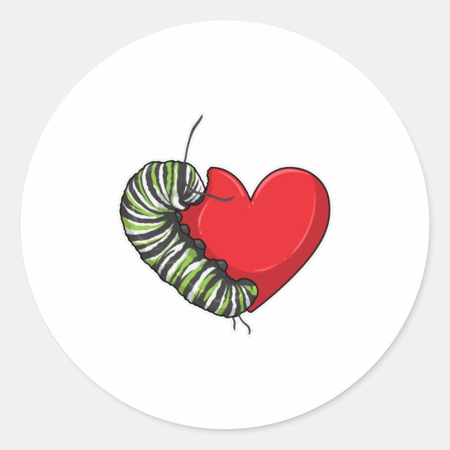 Caterpillar Love Heart Classic Round Sticker (Front)