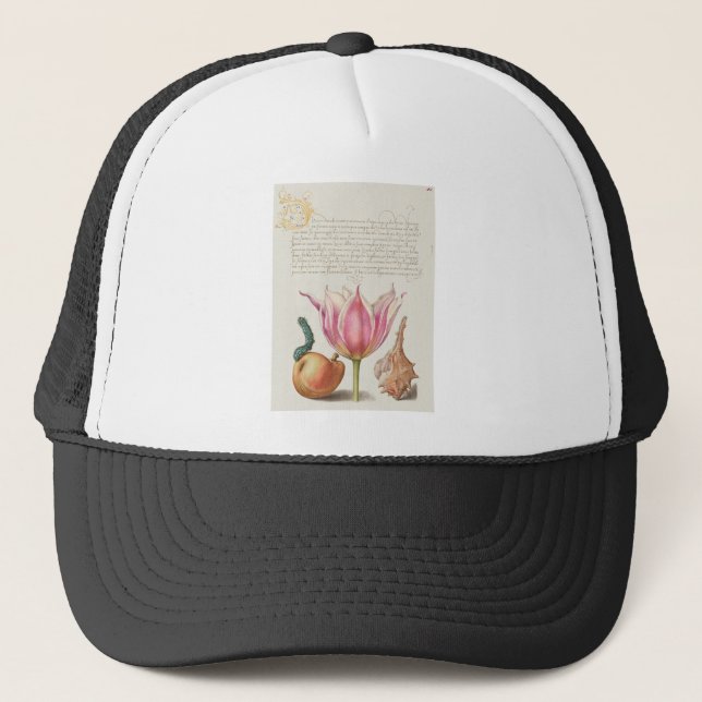 Caterpillar, Pear, Tulip, and Purple Snail Trucker Hat (Front)