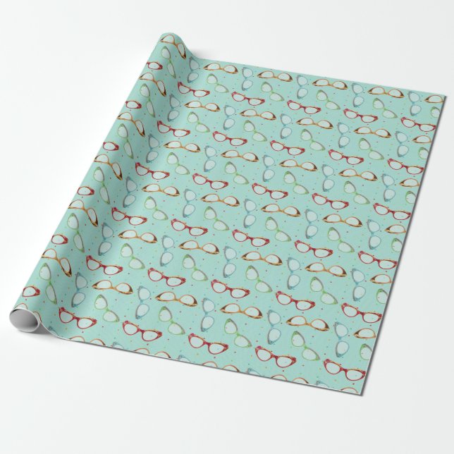 Cateye Glasses Pattern teal with dots Wrapping Paper (Unrolled)